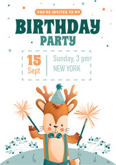 Childrens birthday invitation with a cute reindeer with sparklers and a festive hat a white background. Vector