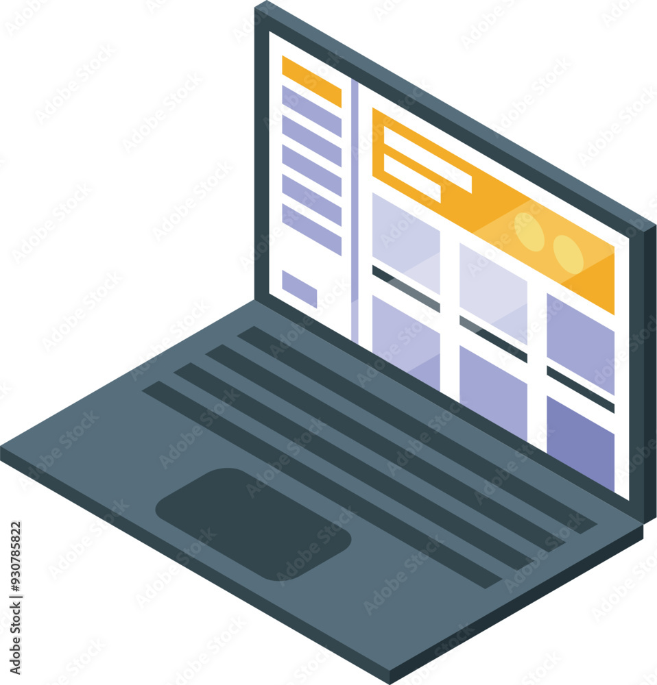 Poster laptop is open showing a web design software interface with a grid layout and various tools for crea