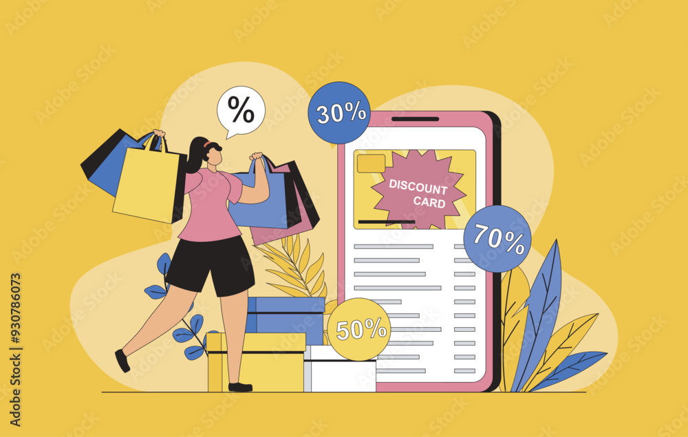 Poster shop loyalty program concept with modern flat design for web. woman receiving discount card with cum