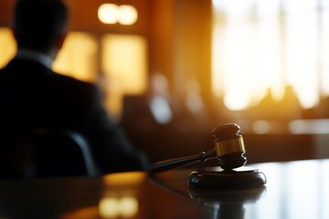 Obraz premium A wooden gavel lies on a table inside a courtroom, representing both justice and various legal proceedings