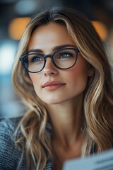 Obraz premium Professional young woman with blonde hair and black glasses looking thoughtful in a modern office setting.
