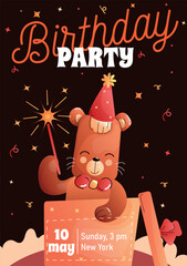 Childrens birthday invitationwith a cute bear in a gift box on a brown background. Vector