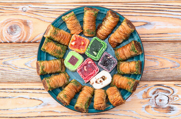 Turkish delight candy with arabic baklava . Rahat lokum photography