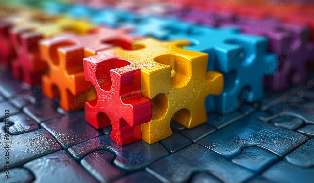 Poster a colorful puzzle with a red piece in the middle. the puzzle pieces are arranged in a way that they 