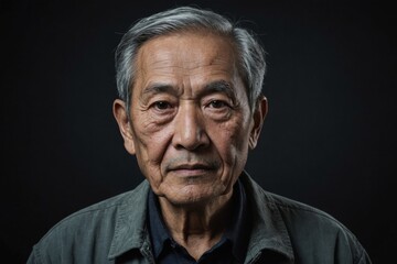 Obraz premium portrait of Asian elderly man alone looking at camera in studio on dark background, wrinkled skin, gray hair, 60+ years old
