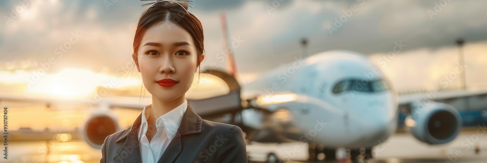 Poster a flight attendant poses at the airport, showcasing her uniform with a serene smile as the sun sets 