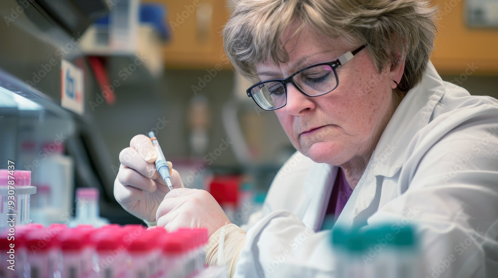 Poster a scientist is drawing up liquid into a syringe while focused on her work in a modern lab setting