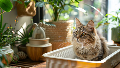 A cat is sitting in a litter box in front of a plant. The cat is looking at the camera with a curious expression. The scene is peaceful and calm, with the cat and plants creating a relaxing atmosphere