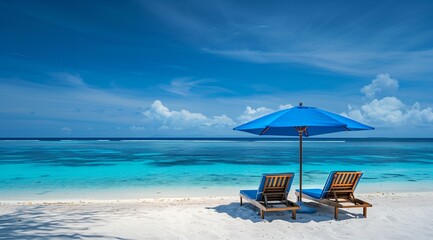 A serene beach scene with two lounge chairs and an umbrella under a clear blue sky.