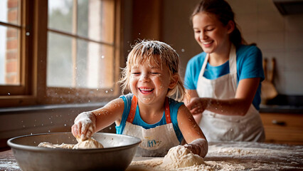 Smiling child with flour on face, happily baking in the kitchen with his mother, enjoying the process