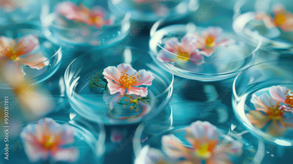 Poster charming flowers gently rest in clear bowls, creating a serene and colorful display on a blue backgr