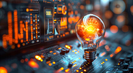A computer monitor with a glowing light bulb on it. The light bulb is surrounded by a lot of numbers and symbols, giving the impression of a complex and sophisticated system