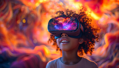 A young girl wearing a virtual reality headset is looking at a colorful background. Concept of excitement and wonder as the girl explores a virtual world