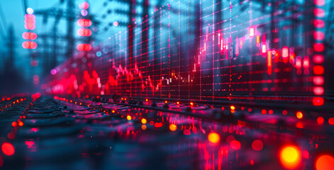 Fototapeta premium A computer screen with a red background and a series of red lines. The lines are in the shape of a graph and are moving in different directions. Concept of chaos and unpredictability