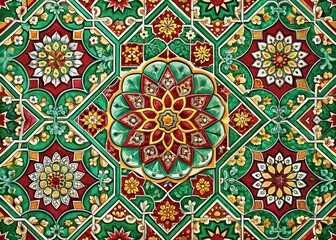 Vibrant Moroccan-inspired tile pattern features intricate geometric shapes, Arabic calligraphy, and ornate florals in a rich color palette of emerald green, crimson, and gold.