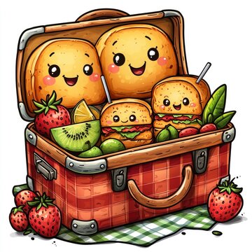 recommend clip art: Cute Cartoon Picnic Basket with Food and Fruit