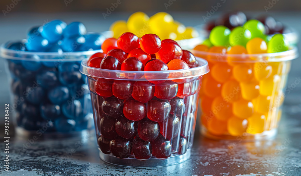 Poster a row of four plastic cups filled with different colored jelly beans. the cups are arranged in a row