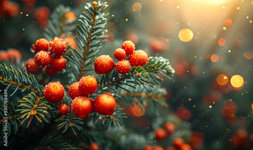 Poster a tree with red berries on it. the berries are wet and shiny. the tree is surrounded by snow