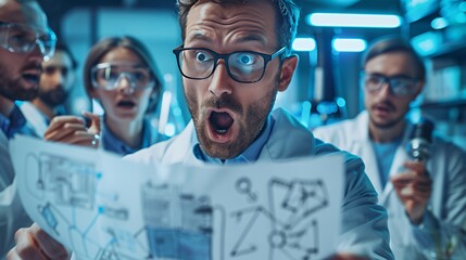 A group of scientists reacting with excitement while examining a document.