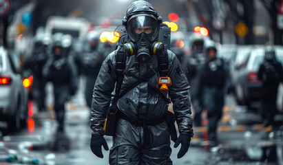 A man in a hazmat suit walks down a street with other people in hazmat suits. The scene is dark and gloomy, with the streetlights casting an eerie glow on the wet pavement. Scene is tense and ominous