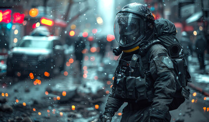 A man in a space suit is walking through a city street. The scene is blurry and has a sense of chaos and destruction