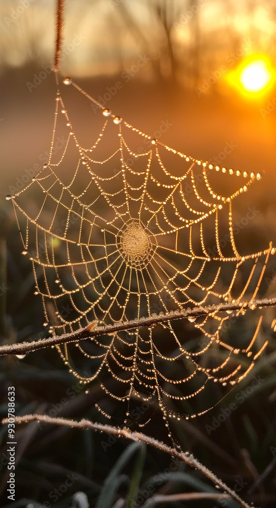 Poster a spider web is shown in the foreground of a photo of a spider web. the web is covered in dew and th