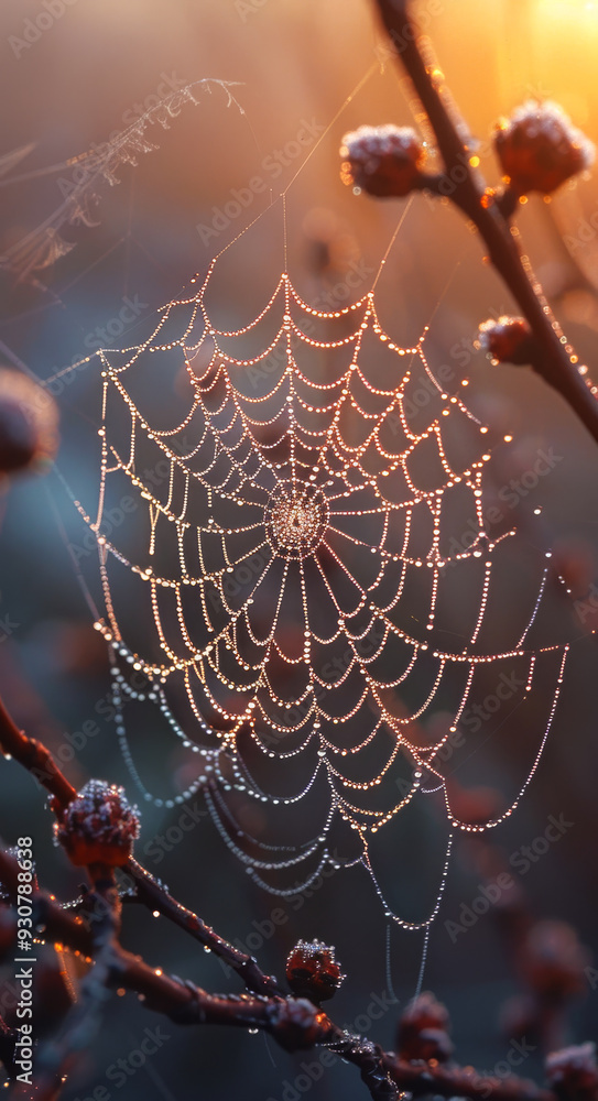 Poster a spider web is shown in a tree with a frosty mist. the web is very intricate and has a lot of detai