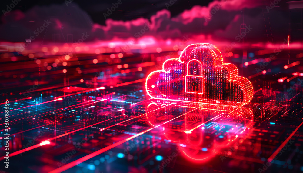 Poster a red and blue image of a cloud with a lock on it. the image is of a cityscape with a lot of lights 