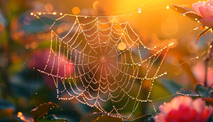 Naklejka premium A spider web is shown in a field of flowers. The web is very intricate and has a lot of detail. The flowers are pink and are scattered throughout the field