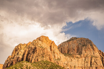 Rock Mountain Landscapes Zion Utah Desert Partially Cloudy Sky