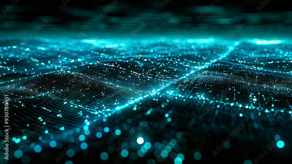 Aufkleber a blue and white image of a wave with many dots. the image is abstract and has a futuristic feel to 