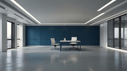 Modern minimalist white and blue color on open space room office interior design.