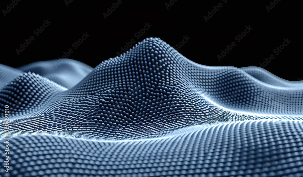 Poster a blue and white image of a mountain range with a lot of small dots. the image has a futuristic and 