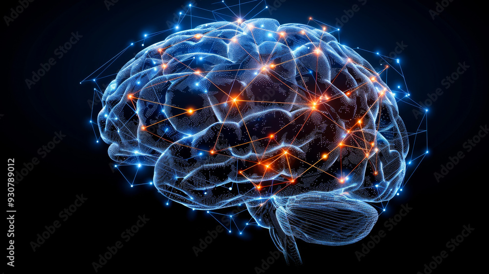 Poster a brain with many connections is shown in a blue and orange color scheme. concept of a complex and i