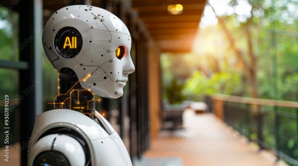 Aufkleber a robot with the word ai on its face stands in front of a wooden fence. the robot is white and has a
