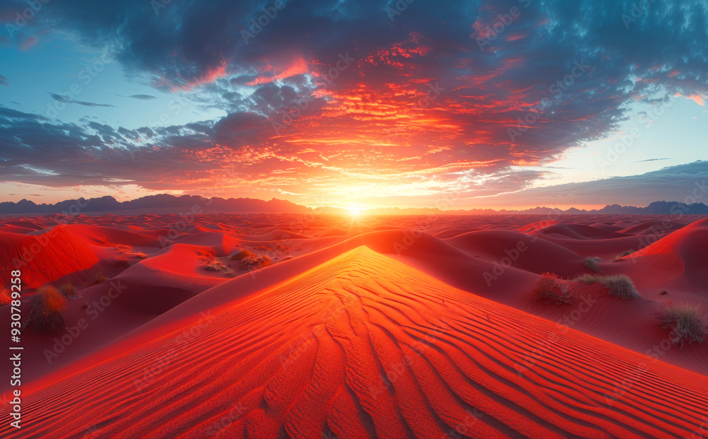 Poster a desert landscape with a red sun setting in the background. the sky is filled with clouds, creating