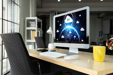 Fototapeta premium Cloud computing software for modish remote work and personal data storage