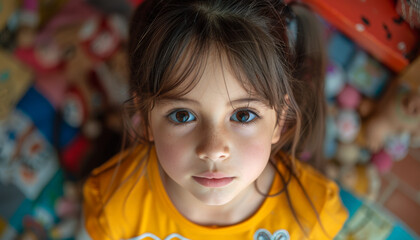 Fototapeta premium A young girl with brown hair and blue eyes is wearing a yellow shirt. She is looking at the camera with a serious expression