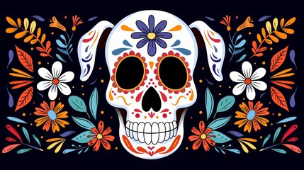 A colorful skull with flowers surrounding it