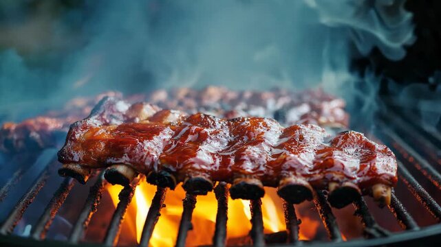 smoky BBQ beef short ribs on  barbecue rack with fire flame and smoke