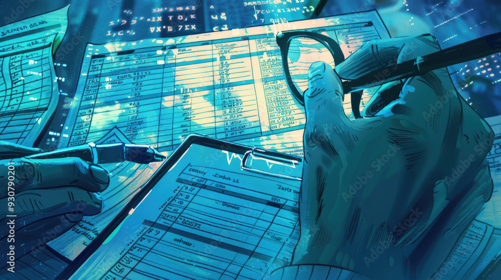 Poster a person reviews financial documents using a pen and glasses in a glowing workspace filled with data