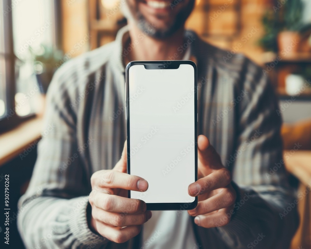 Poster a man holding a phone with an empty screen in front of him. ai.