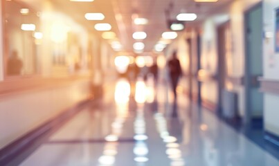 A blurry image of a hallway with people walking down it. AI.