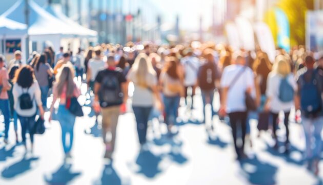 A crowd of people walking down a street with some standing. AI.
