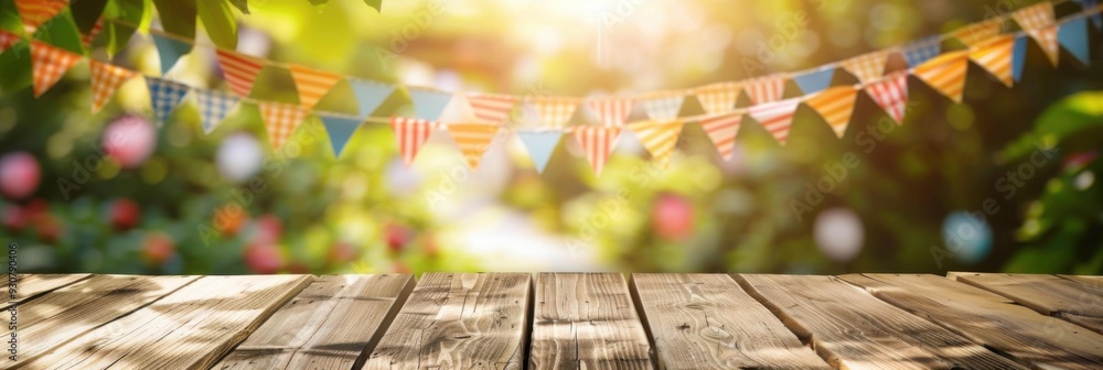 Poster a wooden table with bunting flags on it in front of a green background. ai.