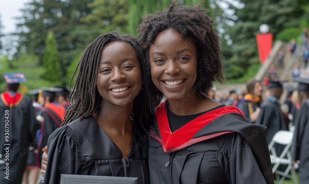 Poster Two women in graduation robes posing for a picture together. AI.