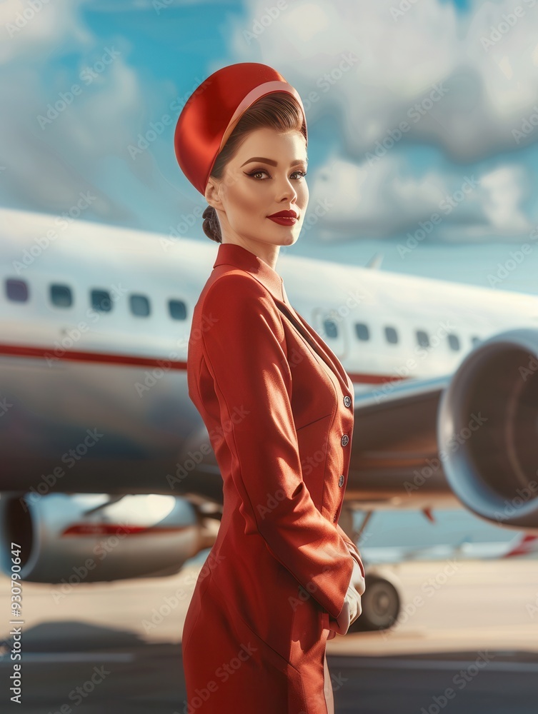 Poster a flight attendant stands gracefully in a stylish red uniform next to an aircraft under a bright sky
