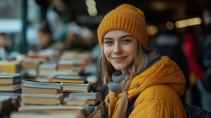 Volunteers organizing a charity book fair, selling donated books to raise funds for literacy programs.