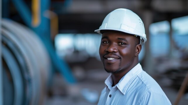 A man in a hard hat smiling for the camera. AI.