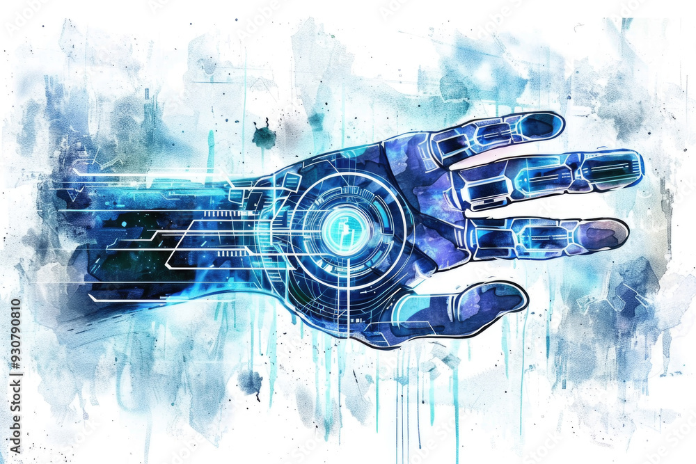 Poster a robotic hand with luminous circuits is showcased against a textured abstract backdrop